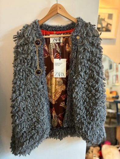 Zara faux sherling grey open coat with chain closure