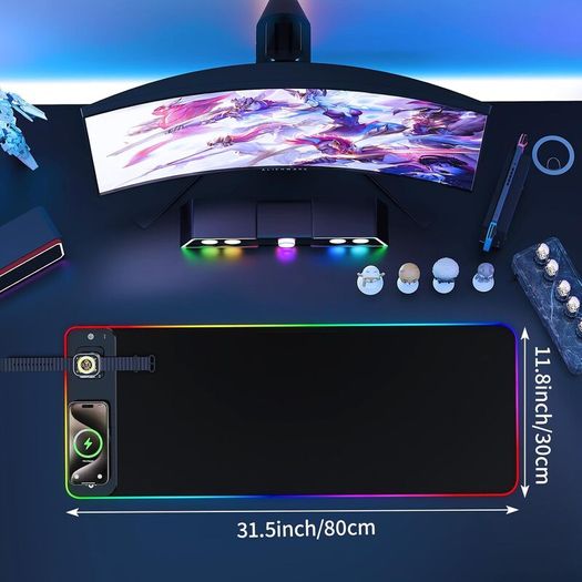 Wireless Charging RGB Gaming Mouse Pad 15W, LED Mouse Mat 800x350x4MM, 10 Light Modes Extra Large Mousepad Non-Slip Rubber Base Computer Keyboard Mat for Gaming (Black-Dual Magnetic)