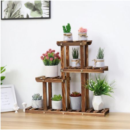 Carbonized Wood Plant Stand Multi Tier Succulent Rack Mini Desktop Plant Holder for Outdoor Balcony Garden