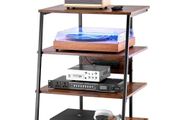 4-Tier AV Media Stand with Power Strips, Corner TV Stand with LED Lights, Height Adjustable Wooden Shelves for DVD Players/Cable Boxes