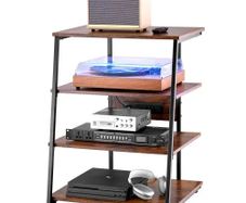 4-Tier AV Media Stand with Power Strips, Corner TV Stand with LED Lights, Height Adjustable Wooden Shelves for DVD Players/Cable Boxes