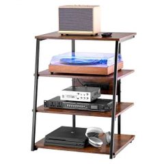 4-Tier AV Media Stand with Power Strips, Corner TV Stand with LED Lights, Height Adjustable Wooden Shelves for DVD Players/Cable Boxes