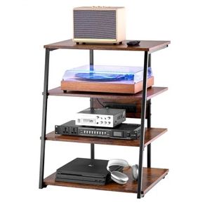 4-Tier AV Media Stand with Power Strips, Corner TV Stand with LED Lights, Height Adjustable Wooden Shelves for DVD Players/Cable Boxes