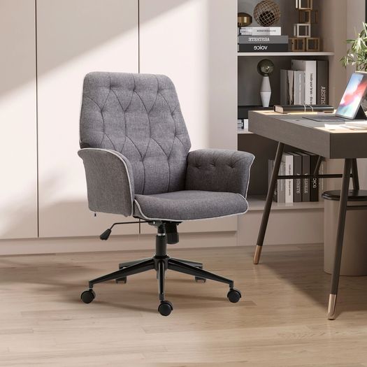 Linen Office Chair, Mid Back Computer Desk Chair with Adjustable Height, Grey