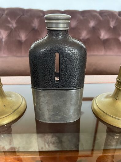 Edwardian Pewter Glass and Leather Gentlemans Hip Flask