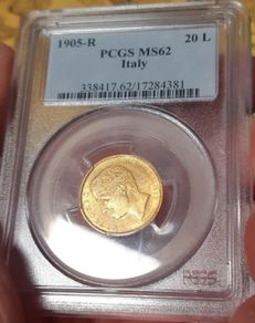 20 Lire 1905 Gold Coin Kingdom Of Italy PCGS MS62 Italie Rome Mint Perfect Coin
