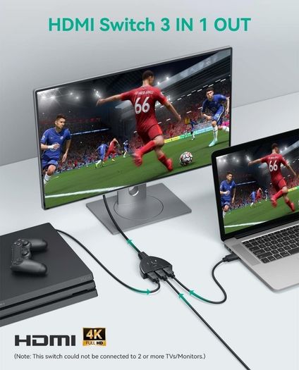 HDMI Switch, Gold Plated 3-Port HDMI Switcher/HDMI Splitter/Supports Full HD1080p/3D with High Speed Cable
