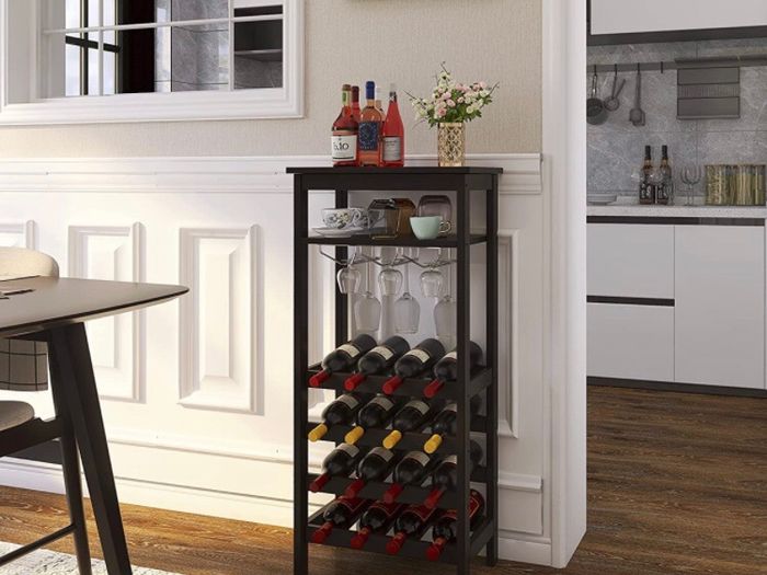 Wine Rack with Glass Holder & Table Top, 16 Bottles Storage, Floor Free Standing Bamboo Display Shelves for Home, Kitchen, Pantry, Cellar, Bar (MULTIPLE COLOURS)