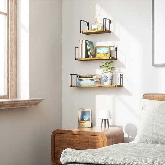 Rustic Floating Shelves, Decorative Wood Wall Shelves Set of 3, Wall Mounted Storage Shelves for Bedroom, Living Room, Kitchen, Bathroom, Office and More Carbonized