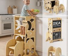 4-In-1 Toddler Kitchen Step Stool - Foldable Learning Standing Tower with Blackboard - Convertible Wooden Kitchen Stool Helper for Kids Boys Girls (Natural)