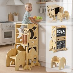 4-In-1 Toddler Kitchen Step Stool - Foldable Learning Standing Tower with Blackboard - Convertible Wooden Kitchen Stool Helper for Kids Boys Girls (Natural)