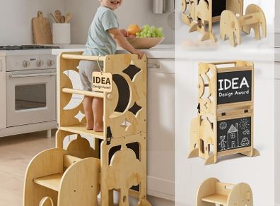 4-In-1 Toddler Kitchen Step Stool - Foldable Learning Standing Tower with Blackboard - Convertible Wooden Kitchen Stool Helper for Kids Boys Girls (Natural)