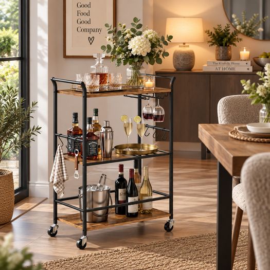 Serving Trolley with Wine Rack & Glass Holder  3 Tier Rustic Brown & Black Bar Cart