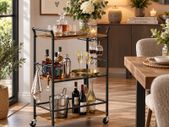 Serving Trolley with Wine Rack & Glass Holder  3 Tier Rustic Brown & Black Bar Cart
