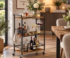 Serving Trolley with Wine Rack & Glass Holder  3 Tier Rustic Brown & Black Bar Cart