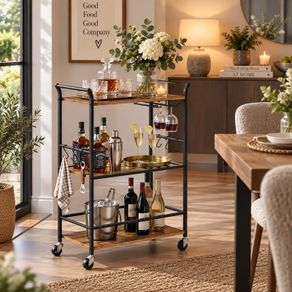 Serving Trolley with Wine Rack & Glass Holder  3 Tier Rustic Brown & Black Bar Cart