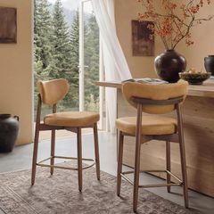 Set of 2 Bar Stools with Backrest Solid Wood Legs in PU Leather Caramel Brown