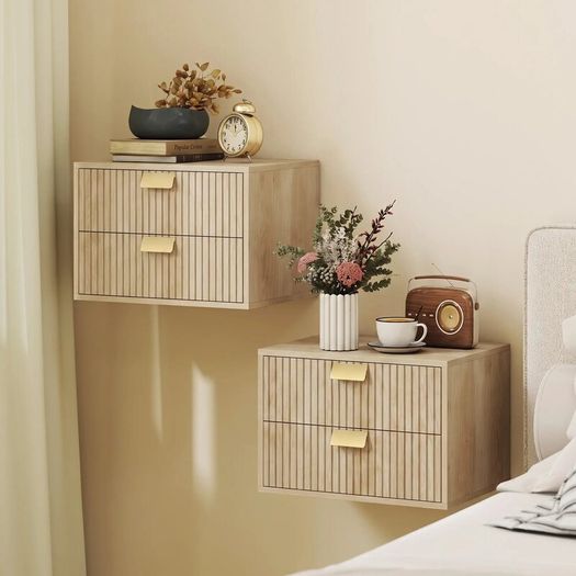 Floating Nightstands Set Wall Mounted Oak