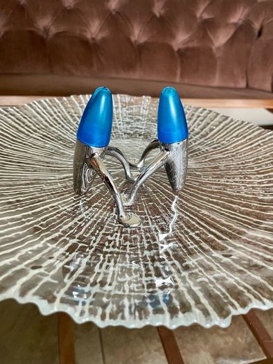 Vintage EZ ECH Centaur Salt Pepper Shakers Polished Stainless Steel Blue Space Age Design 1990s