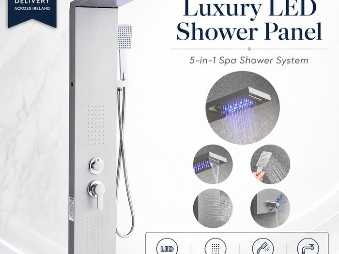 5-in-1 Stainless Steel Shower Panel with LED Rainfall and Waterfall Functions