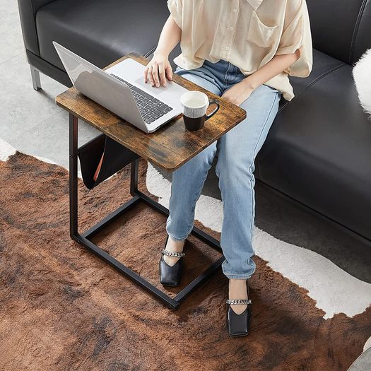Side Table Laptop Table C Shape Sofa Table with Storage Space Removable Storage Bag Coffee Laptop Living Room Bedroom Industrial Design Vintage Brown/Black