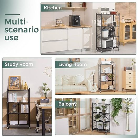 Folding Storage Shelves,4 Tiers Metal Shelving Units for Storage 61x116x28 CM, Corner Kitchen Shelves on Wheels,Pantry Shelves,Bookcase for Living room Black