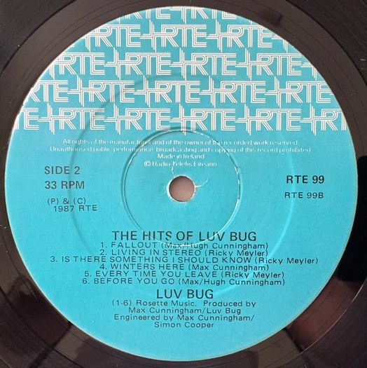Rare Irish pressing Luv Bug LP 'The Hits of Luv Bug'. Live recording taken from the RTE Show Luv Bug at Cork Opera House. Includes Irish Eurovision entry You Can Count On Me. Lovely condition. Vinyl plays like new.  Last sold online four years ago.