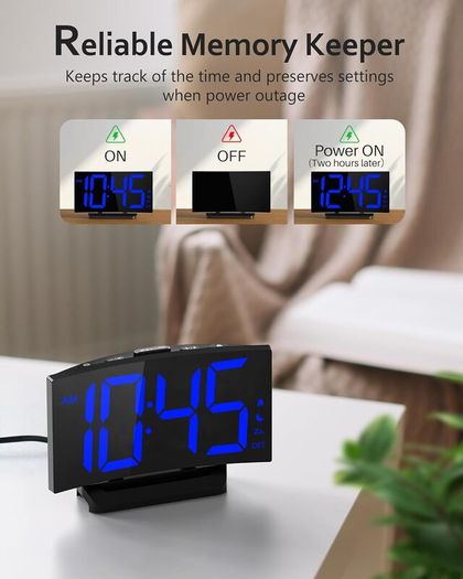 Digital Alarm Clock for Bedrooms with Modern Curved Design, Conspicuous Blue LED Numbers, 6 Levels Brightness, 2 Volume, 3 Alarm Tones, Snooze, Power-Off Memory, 12/24H, Bedside Clock