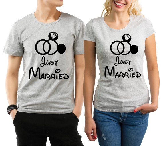 Just Married His and Her couple matching Heather grey T-shirts set with mouse ring and diamond.