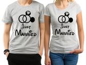 Just Married His and Her couple matching Heather grey T-shirts set with mouse ring and diamond.