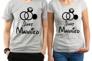 Just Married His and Her couple matching Heather grey T-shirts set with mouse ring and diamond.