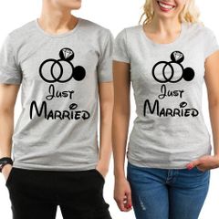 Just Married His and Her couple matching Heather grey T-shirts set with mouse ring and diamond.