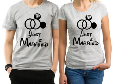 Just Married His and Her couple matching Heather grey T-shirts set with mouse ring and diamond.
