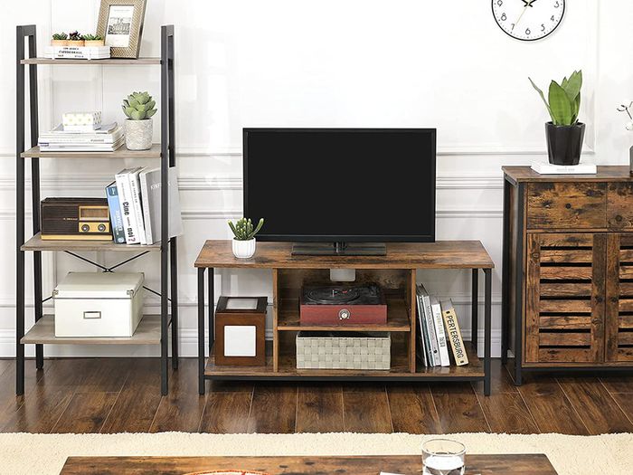 _TV cabinet, TV table, TV shelf, lowboard with open compartments, living room, 110 x 40 x 50 cm, industrial design, vintage, dark brown
