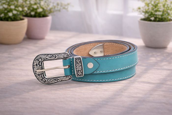 Unisex Premium Teal Genuine Leather Belt Vintage Engraved Silver Buckle