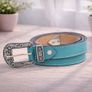 Unisex Premium Teal Genuine Leather Belt Vintage Engraved Silver Buckle Image 3