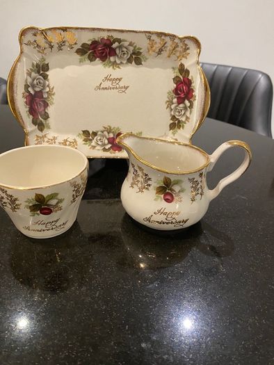 Old  H Aynsley and Co Happy Anniversary trio  tray jug and sugar bowl