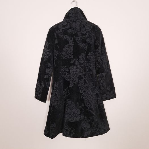 Desigual Black Velvet Embossed Floral Pattern High Neck Longline Coat 8UK/36EU