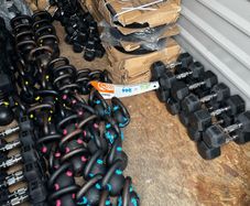 Hex rubber dumbbells and cast iron kettlebells