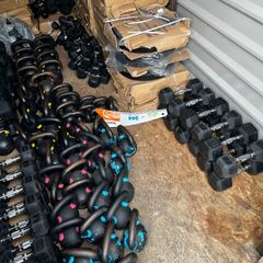 Hex rubber dumbbells and cast iron kettlebells