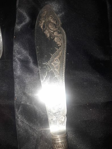 A Pair of Antique Victorian Era Fish Servers with Antler Handles and Engraved Silver Plated Blades, Commonly made in Sheffield in the late 19th Century
