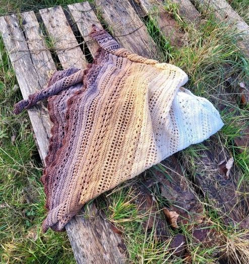 Handmade crochet triangle shawl wrap. Brown and beige ombre lacy shawl