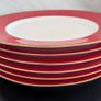 Crate and Barrel 6x Halo Red Dinner Plates 26cm Gold Trim Image 2