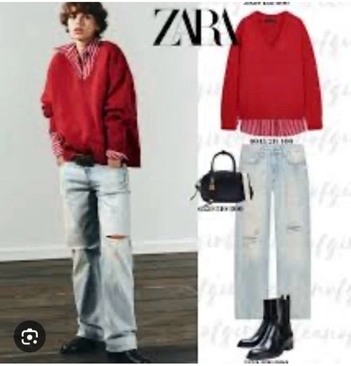 Zara Red Oversized V Neck Jumper  Size Large