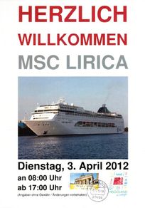 2012 Heligoland (Archipelago in Germany) Stamp welcoming MSC Lirica cruise ship on A4 page with Heligoland cancel tying 10c Brandenburg stamp