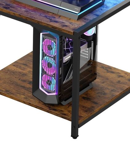 181CM L Shaped Corner Desk with Power Outlets LED Lights Gaming Desk with Long Monitor Stand Large Computer Desk with Storage Shelf Cup Holder Headset Hooks Ideal for Gaming Room