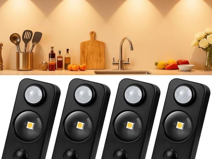 LED Motion Sensor Lights Indoor, Rechargeable Cupboard Lights with 3 Modes, Stick-On Dimmable Wireless USB Wardrobe Light for Drawer, Shelf, Stairs, Hallway, Under Cabinets, Warm White(4 Pack) [Energy Class A+]