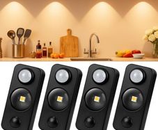 LED Motion Sensor Lights Indoor, Rechargeable Cupboard Lights with 3 Modes, Stick-On Dimmable Wireless USB Wardrobe Light for Drawer, Shelf, Stairs, Hallway, Under Cabinets, Warm White(4 Pack) [Energy Class A+]