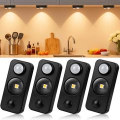 LED Motion Sensor Lights Indoor, Rechargeable Cupboard Lights with 3 Modes, Stick-On Dimmable Wireless USB Wardrobe Light for Drawer, Shelf, Stairs, Hallway, Under Cabinets, Warm White(4 Pack) [Energy Class A+]