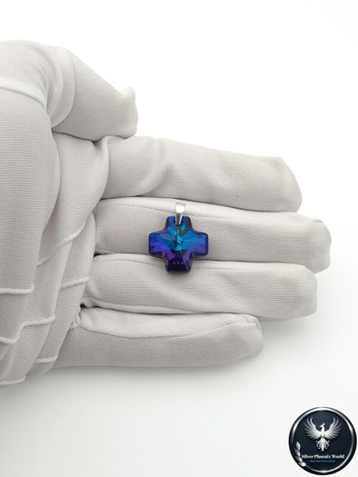Vintage 925 Sterling Silver Blue Aurora Borelis Cross Pendant